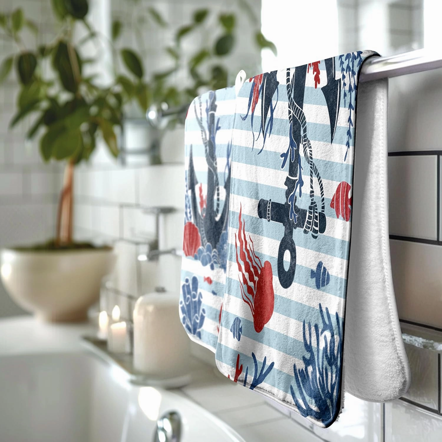Sea Anchor Beach Hand Towel Blue Stripes Kitchen Towels Nautical Art Coral Fleece Towel for Bathroom Gym