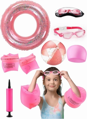 ShinyRelief 6 Pcs Kids Pool Floats Set Learn to Swim Set Include Inflatable Glitter Swim Rings Goggles with Caps Arm Bands Beach Balls with Air Pump for Boys Girls Age 6-14 Pool Party