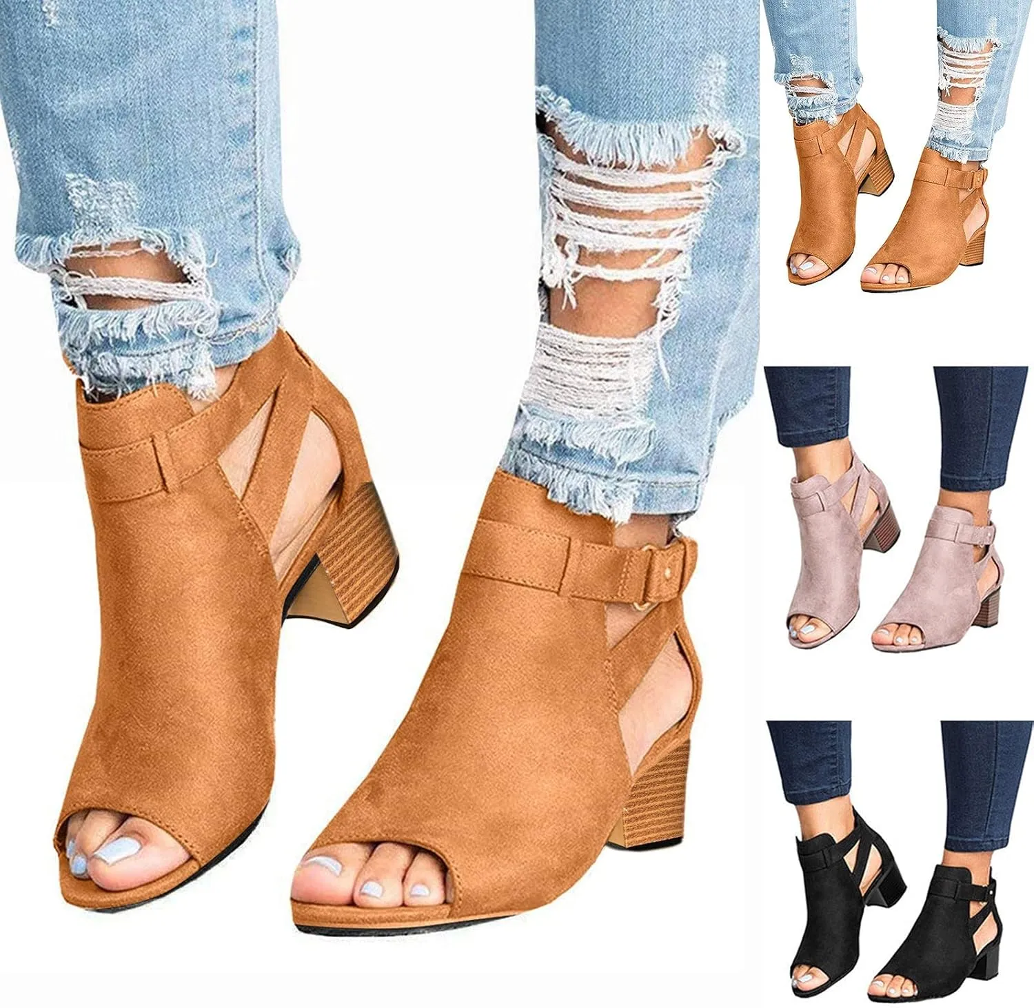 Shoes for Women Dressy, Sandals for Women Suede Peep Toe Ankle Booties Cut Out Stacked Heel Ankle Boots