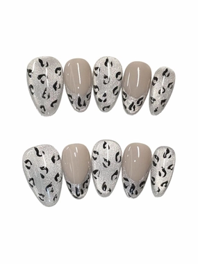Short Press-On Nails, Silver Glitter Leopard Print, Almond Shape, Beige and Black, 10 Pieces (Silver, Small hands)