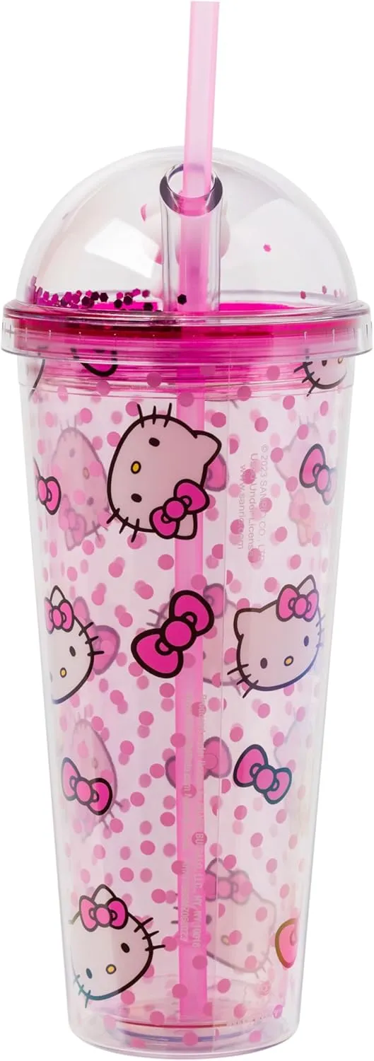 Silver Buffalo Sanrio Hello Kitty Pink Polka Dots and Bows Dome Glitter Top Travel Tumbler, 24 Ounces