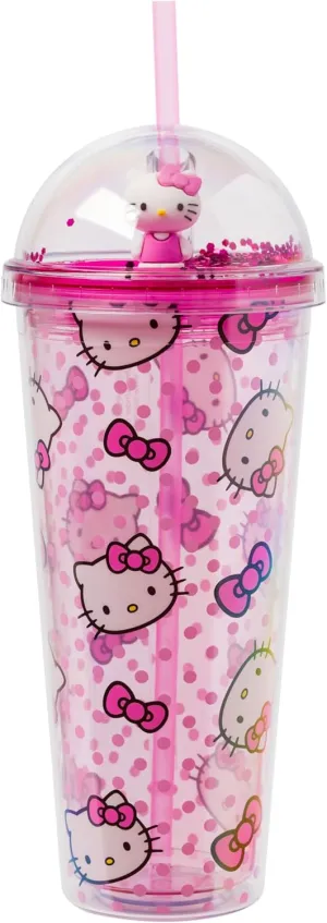 Silver Buffalo Sanrio Hello Kitty Pink Polka Dots and Bows Dome Glitter Top Travel Tumbler, 24 Ounces