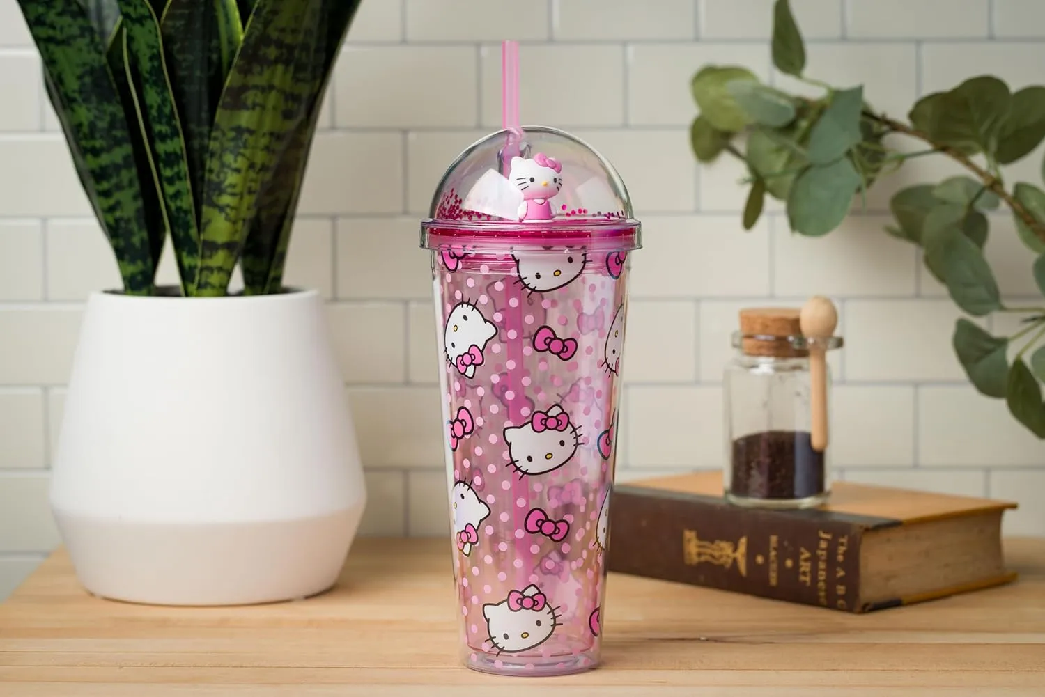 Silver Buffalo Sanrio Hello Kitty Pink Polka Dots and Bows Dome Glitter Top Travel Tumbler, 24 Ounces