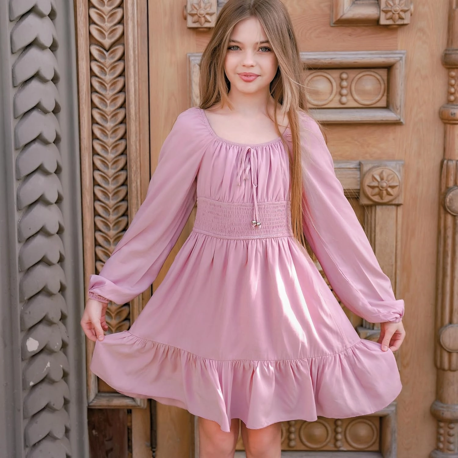 Simplee kids Girls Ruffle Tiered Smocked Puff Long Sleeve Dress White Size 4 to Size 15