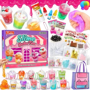 Slime Boba Tea Making Kit for Girls Ages 8-12, 12 Bubble Tea Cups and Bag, 500ml Clear Slime, 14 Add-ins, DIY Pretend Play Food Toys, Making Miniature Food, Party Favors for Kids 6 7 9 10 11