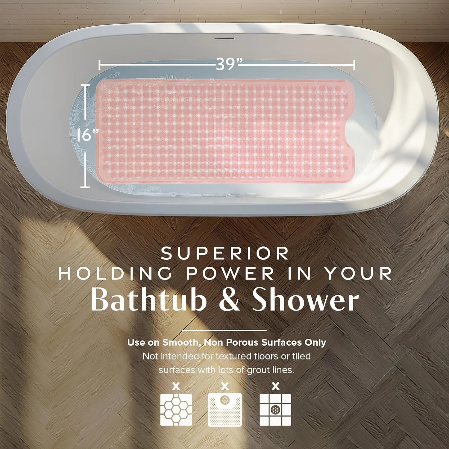 SlipX Solutions Power Grip 39x16 Bathtub & Shower Mat | Premium Non-Slip Bath Safety | Clear Coral