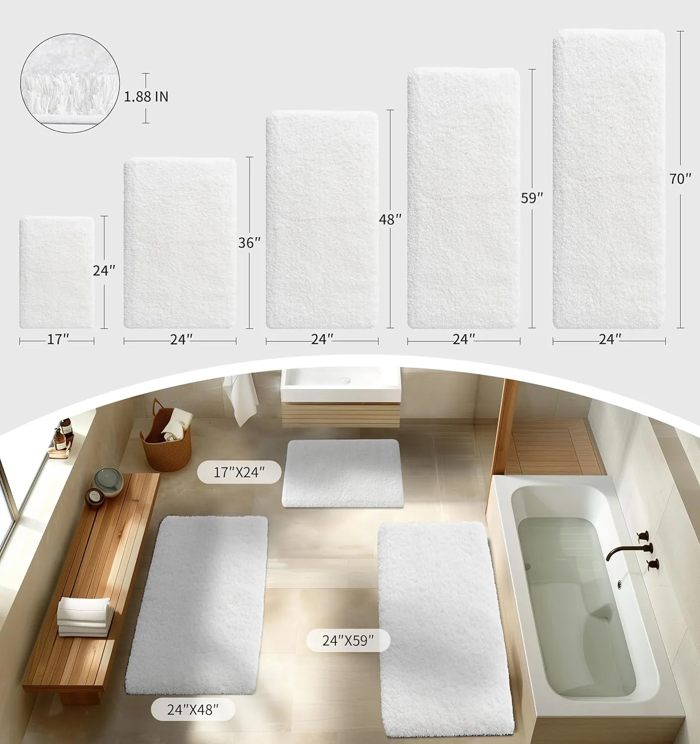 Small Bathroom Rugs 17x24 Non Slip White Fluffy Bath Mat for Bathroom Floor Machine Washable Plush Luxury Bath Rug for Tub Soft Shaggy Absorbent Shower Mat