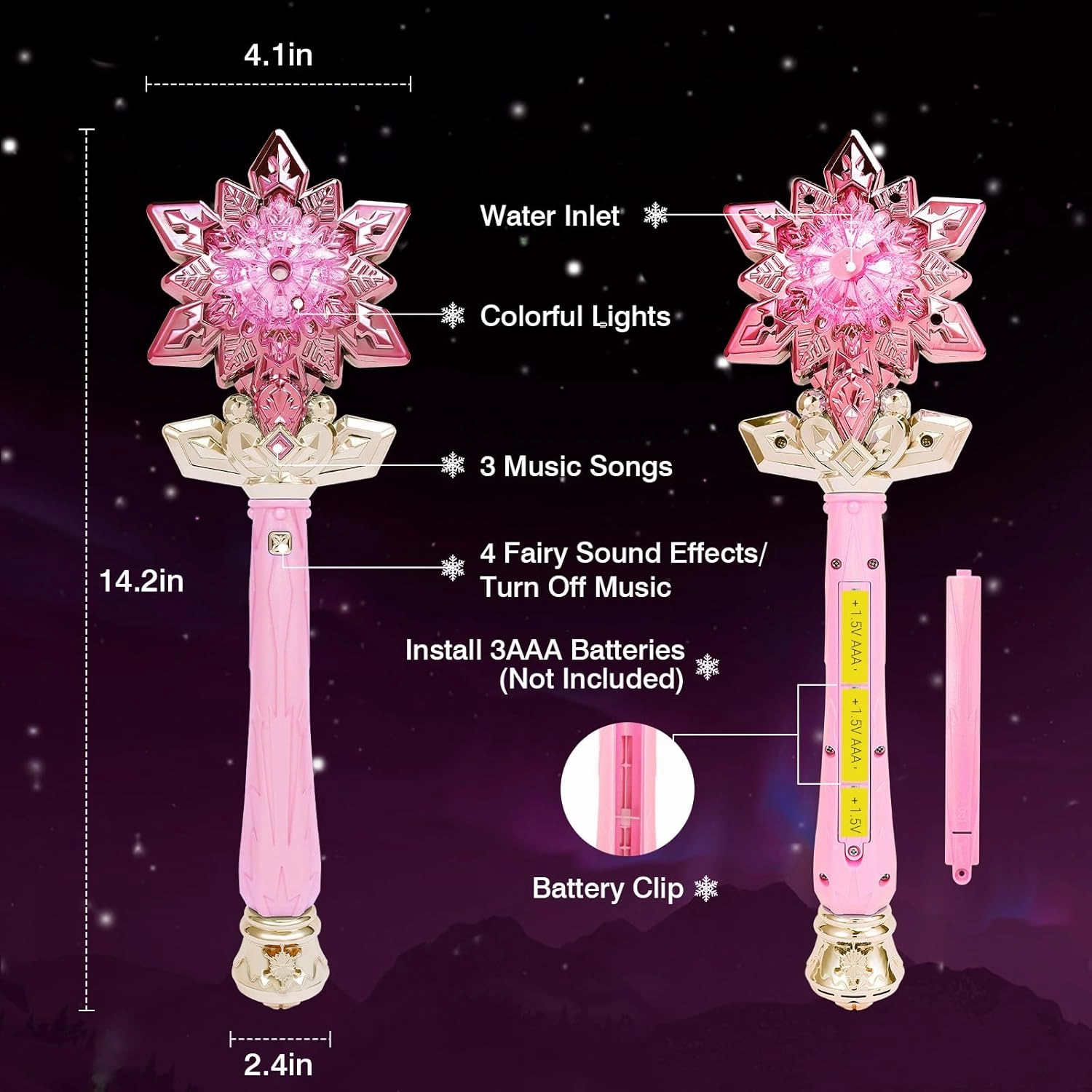 Snowflake Toy Wand with Music Spray Light Up Wands for Kids Girls Princess Cosplay Birthday Party Favors, Pink