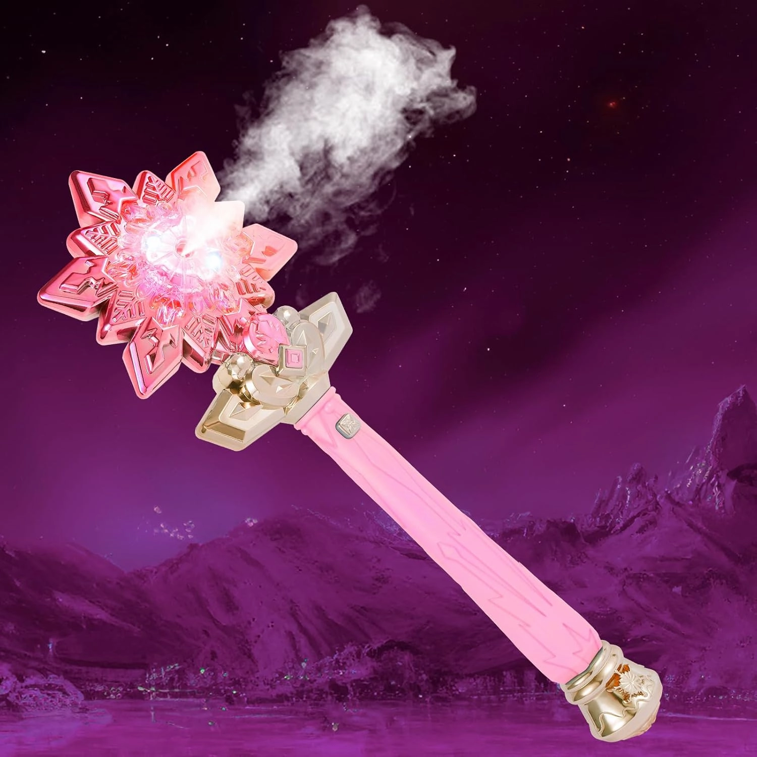 Snowflake Toy Wand with Music Spray Light Up Wands for Kids Girls Princess Cosplay Birthday Party Favors, Pink