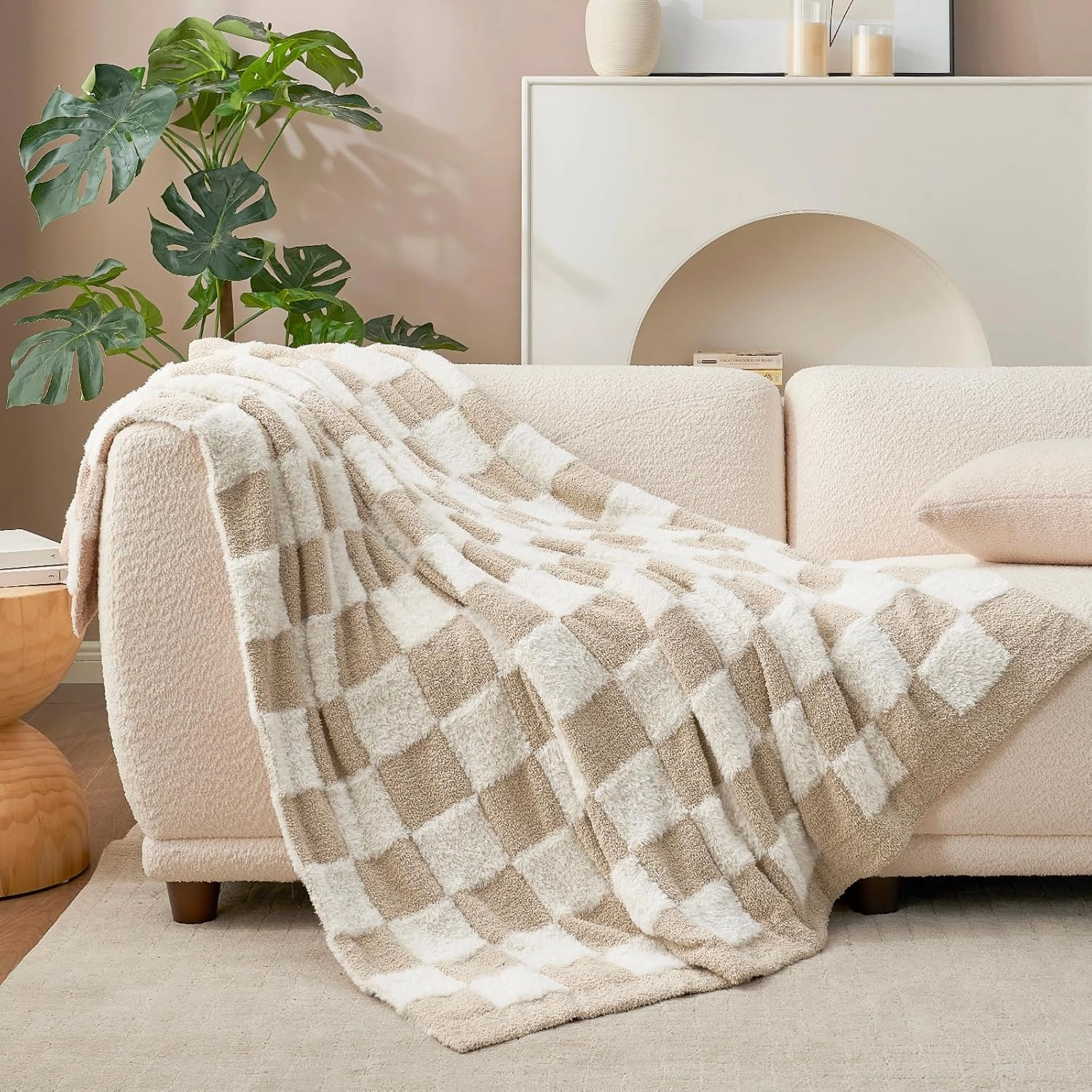 Snuggle Sac Checkered Throw Blanket Faux Fur Microfiber Blankets for Couch,Cozy Soft Warm Blanket for Sofa Bedroom Living Room,Beige Checker,50x60 inches