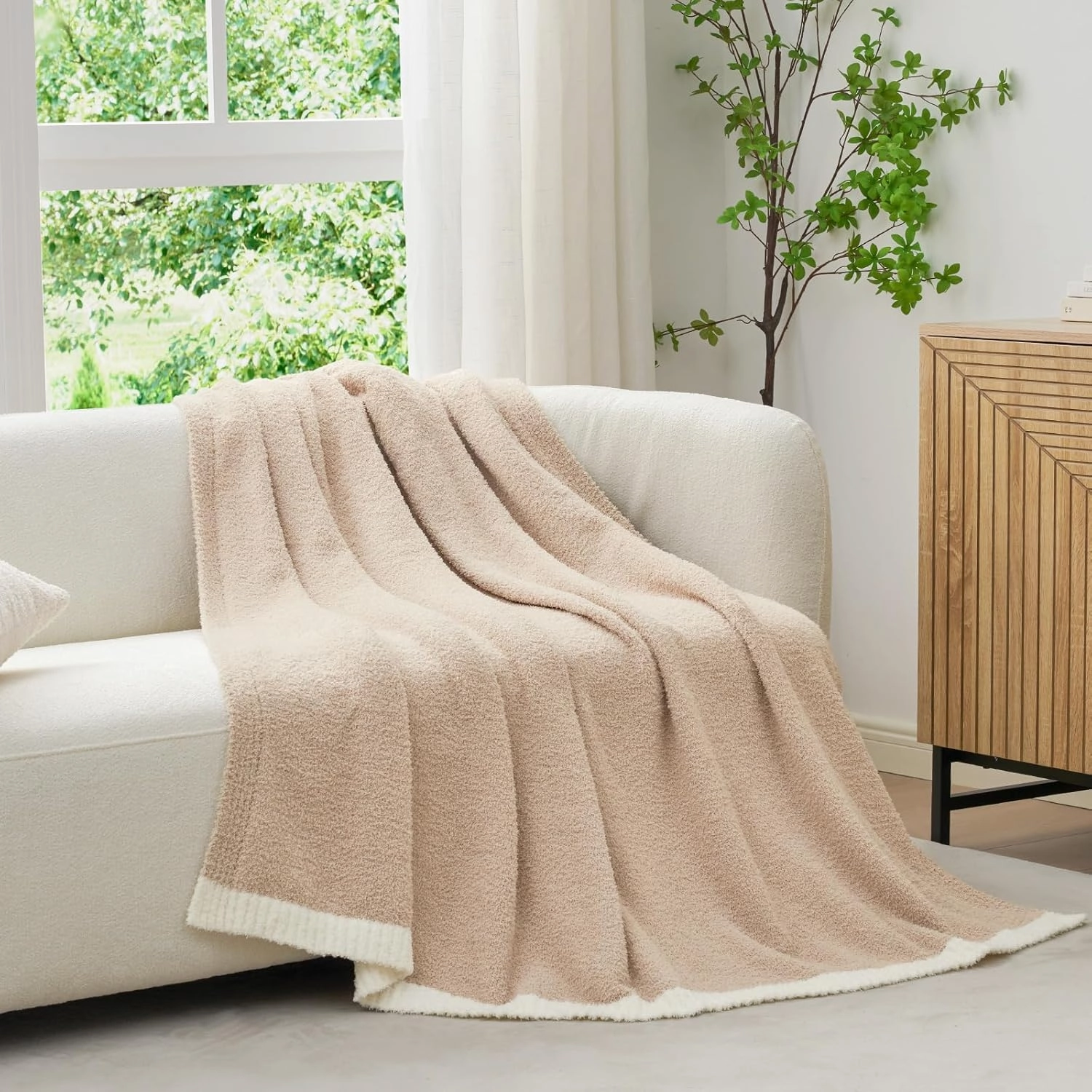 Snuggle Sac Ultra Soft Throw Blanket for Couch Bed Sofa 50x60 inches, Reversible Beige Blanket Microfiber Fluffy Fuzzy Cozy Knit Throws for Women Mothers Birthday Gifts