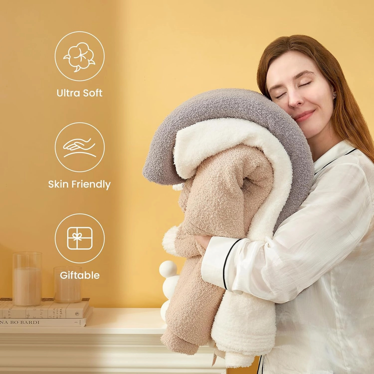 Snuggle Sac Ultra Soft Throw Blanket for Couch Bed Sofa 50x60 inches, Reversible Beige Blanket Microfiber Fluffy Fuzzy Cozy Knit Throws for Women Mothers Birthday Gifts