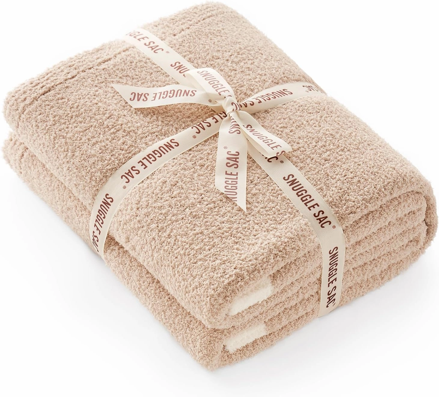 Snuggle Sac Ultra Soft Throw Blanket for Couch Bed Sofa 50x60 inches, Reversible Beige Blanket Microfiber Fluffy Fuzzy Cozy Knit Throws for Women Mothers Birthday Gifts
