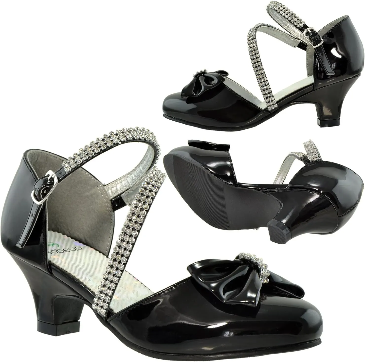 SOBEYO Girls Dress Shoes Rhinestone Bow Accent Kitten Low Heel Sandals