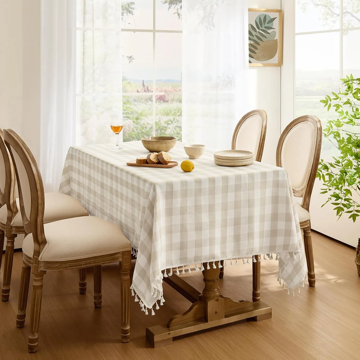 Softalker Checkered Tablecloth Rectangle, Heavy Weight Linen Cotton Gingham Boho Table Cloth with Tassel, Wrinkle Free Buffalo Plaid Table Cover for Dining/Party/Outdoor - 55 x 84 Inch, Beige