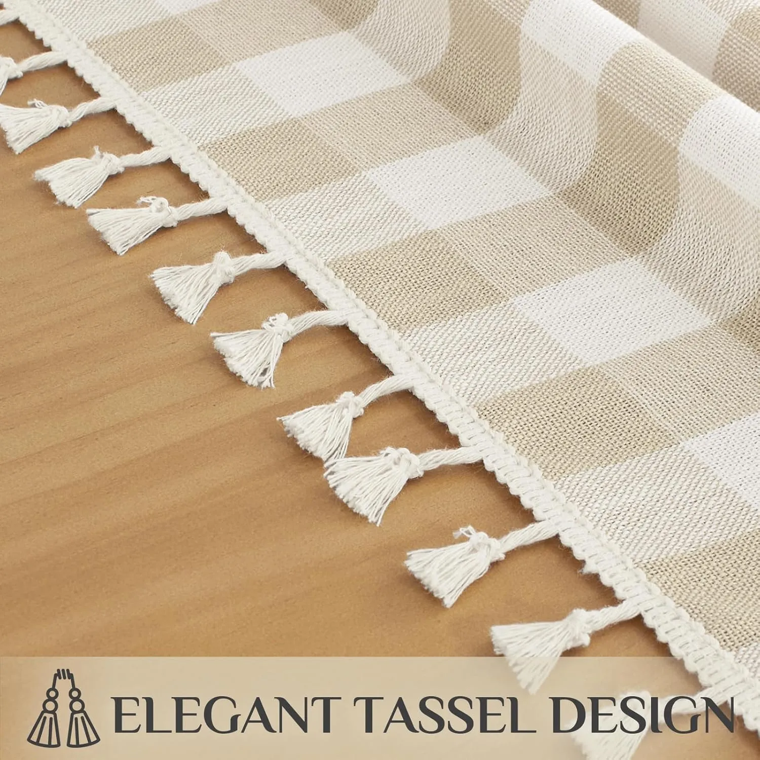 Softalker Checkered Tablecloth Rectangle, Heavy Weight Linen Cotton Gingham Boho Table Cloth with Tassel, Wrinkle Free Buffalo Plaid Table Cover for Dining/Party/Outdoor - 55 x 84 Inch, Beige