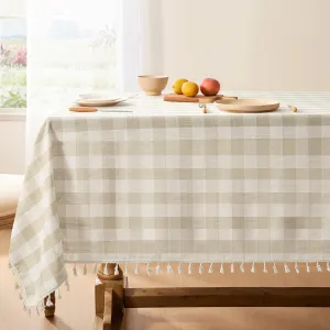 Softalker Checkered Tablecloth Rectangle, Heavy Weight Linen Cotton Gingham Boho Table Cloth with Tassel, Wrinkle Free Buffalo Plaid Table Cover for Dining/Party/Outdoor - 55 x 84 Inch, Beige