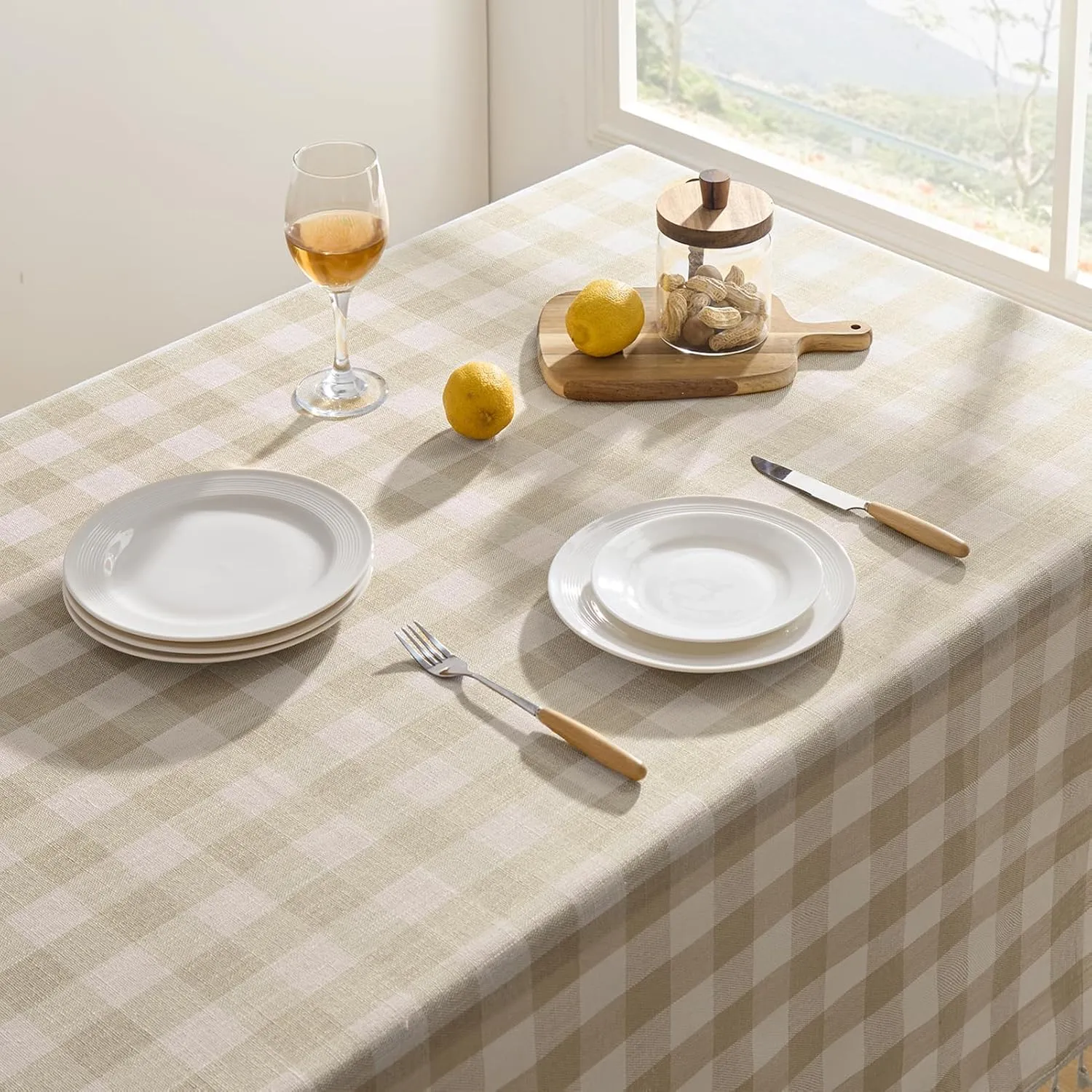 Softalker Checkered Tablecloth Rectangle, Heavy Weight Linen Cotton Gingham Boho Table Cloth with Tassel, Wrinkle Free Buffalo Plaid Table Cover for Dining/Party/Outdoor - 55 x 84 Inch, Beige