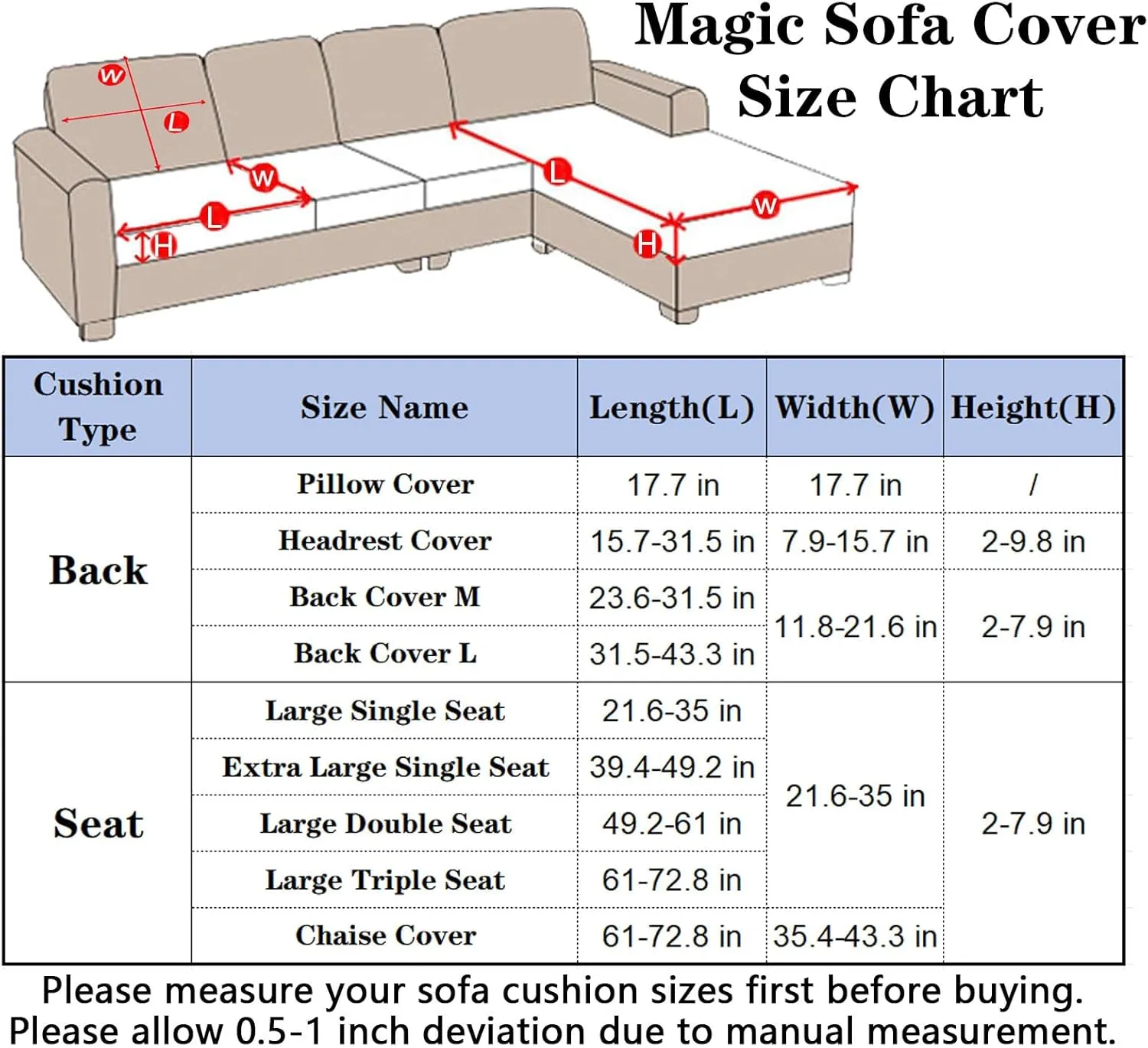 Soothing Home Covers, Universal Magic Sofa Covers, Washable Stretch Couch Cushion Covers for Sectional Sofa (Beige, Back Cover L)