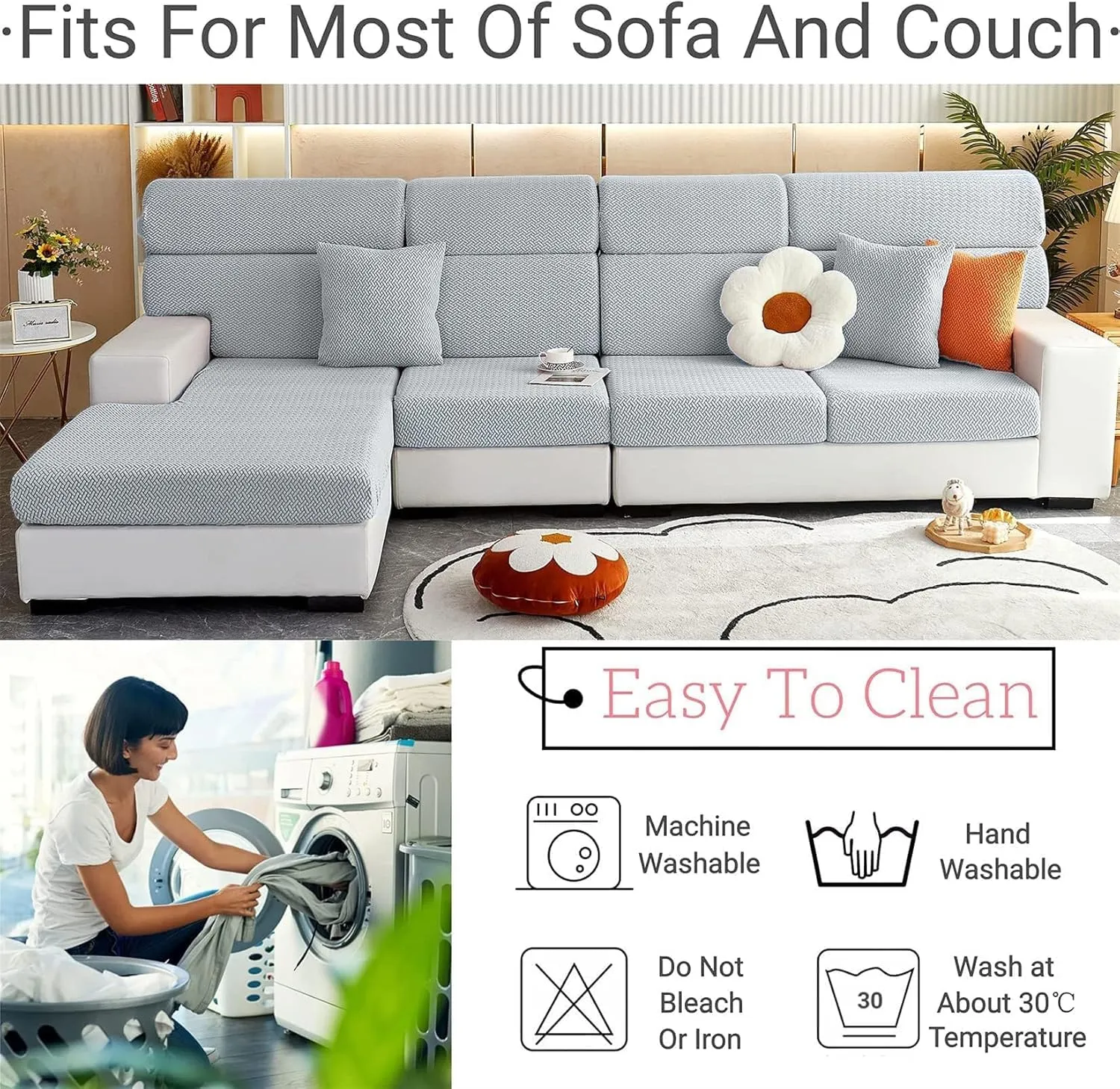 Soothing Home Covers, Universal Magic Sofa Covers, Washable Stretch Couch Cushion Covers for Sectional Sofa (Beige, Back Cover L)
