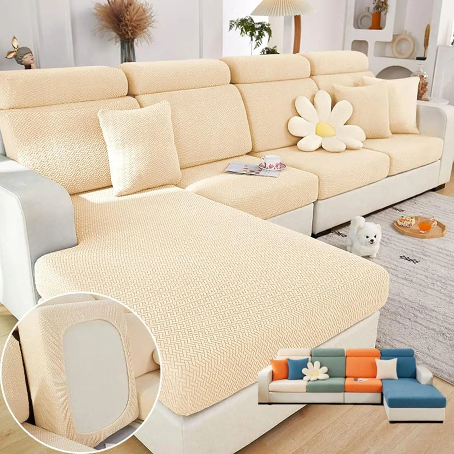 Soothing Home Covers, Universal Magic Sofa Covers, Washable Stretch Couch Cushion Covers for Sectional Sofa (Beige, Back Cover L)