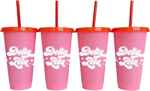 Sorority Shop Delta Zeta Glitter Color Changing Cups - Pack of 4 Reusable Cups with Lids and Straws, Delta Zeta Cup, Perfect Size 24 Oz Tumbler Cups, With Cool Retro Design Logo