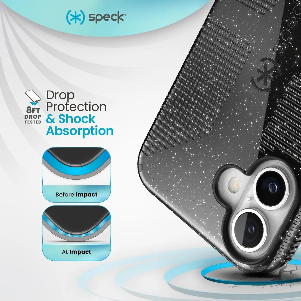 Speck CandyShell Grip Case iPhone 16 Plus - Slim MagSafe - Black Glitter/Steel Black