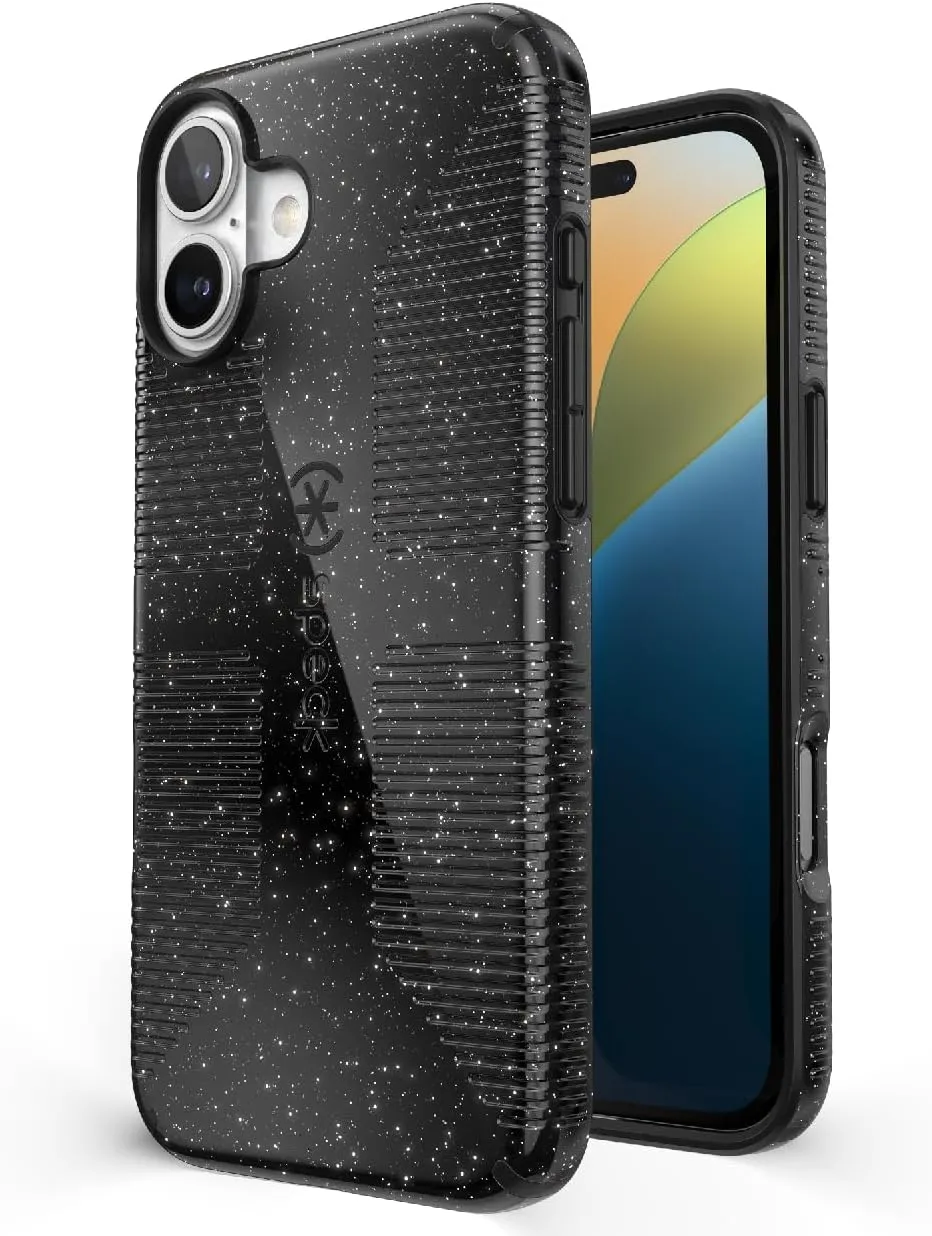 Speck CandyShell Grip Case iPhone 16 Plus - Slim MagSafe - Black Glitter/Steel Black