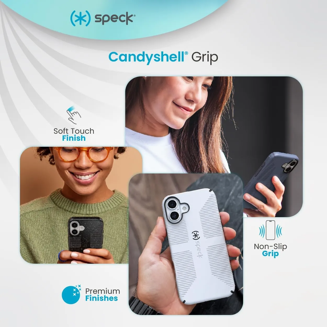 Speck CandyShell Grip Case iPhone 16 Plus - Slim MagSafe - Black Glitter/Steel Black