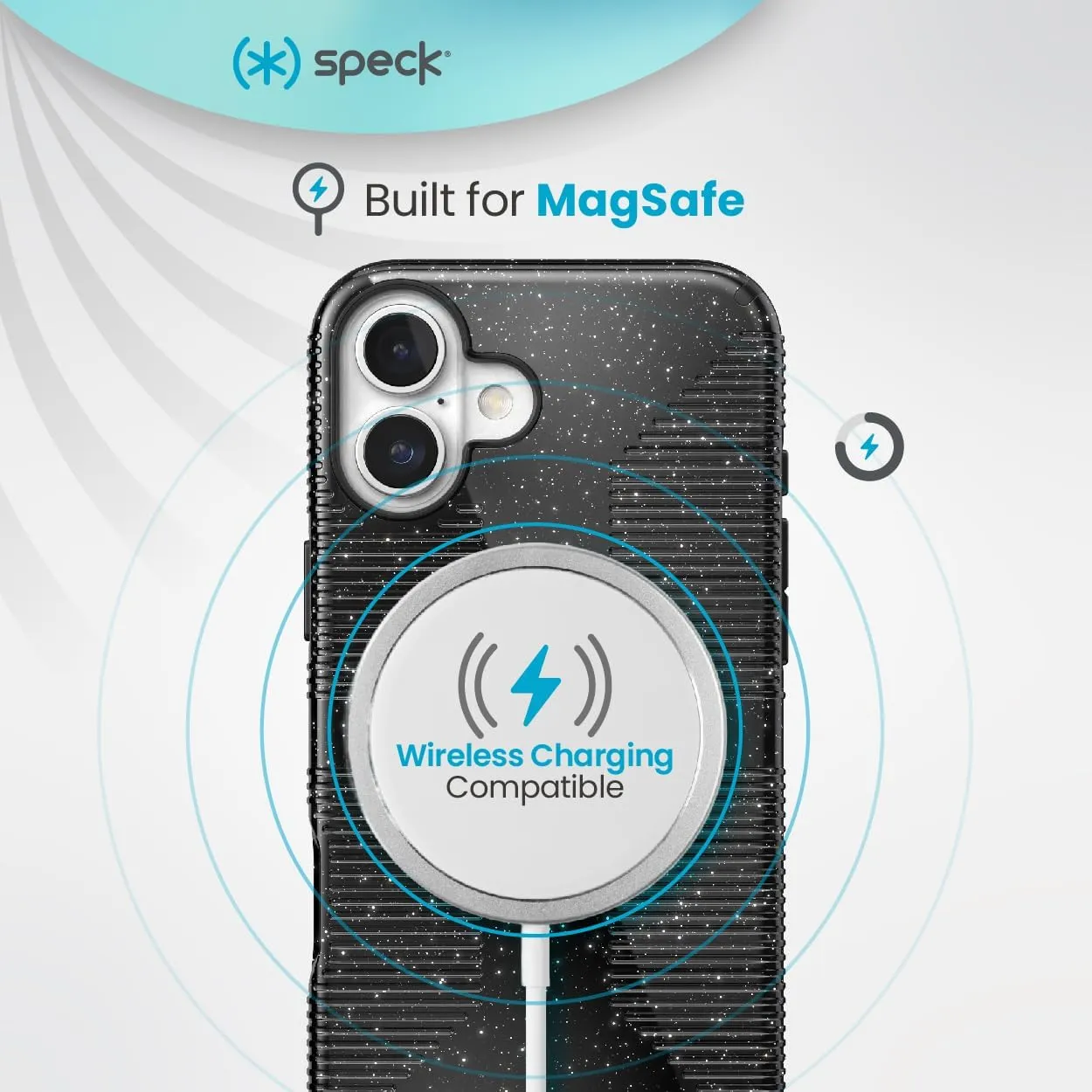 Speck CandyShell Grip Case iPhone 16 Plus - Slim MagSafe - Black Glitter/Steel Black