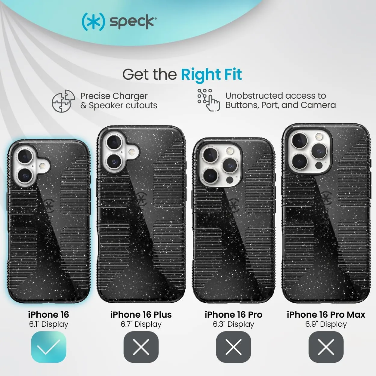 Speck CandyShell Grip Case iPhone 16 Plus - Slim MagSafe - Black Glitter/Steel Black