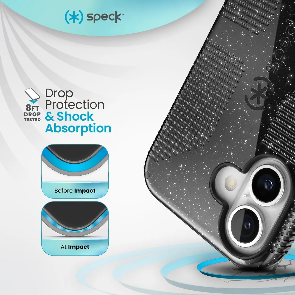 Speck CandyShell Grip iPhone 16 Case - Slim MagSafe - Black Glitter/Steel Black