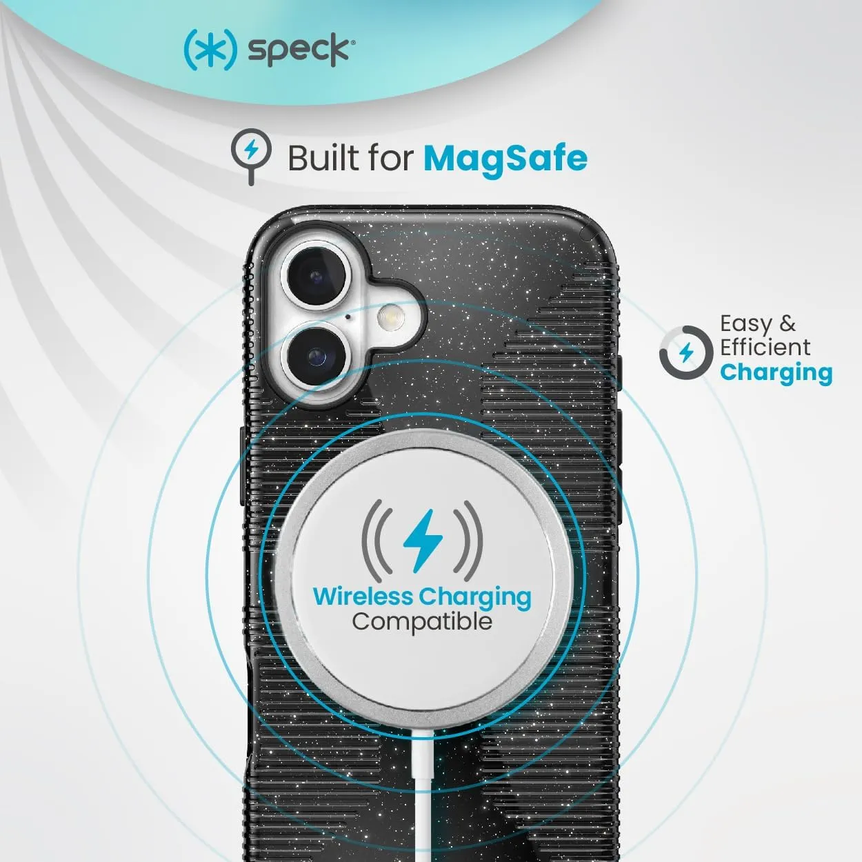Speck CandyShell Grip iPhone 16 Case - Slim MagSafe - Black Glitter/Steel Black
