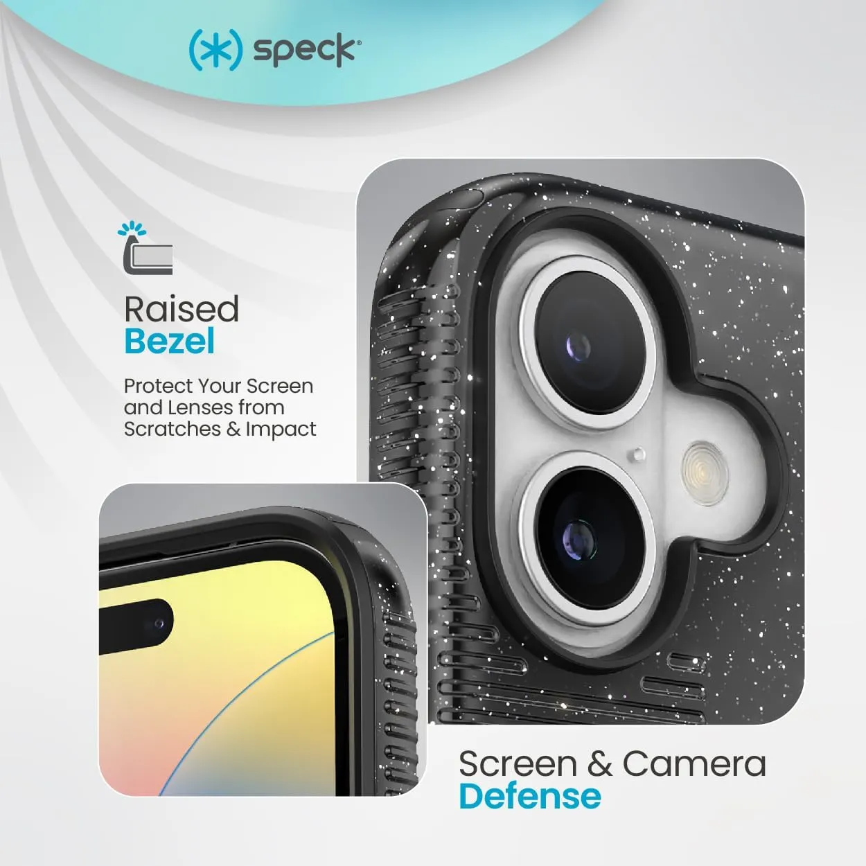 Speck CandyShell Grip iPhone 16 Case - Slim MagSafe - Black Glitter/Steel Black