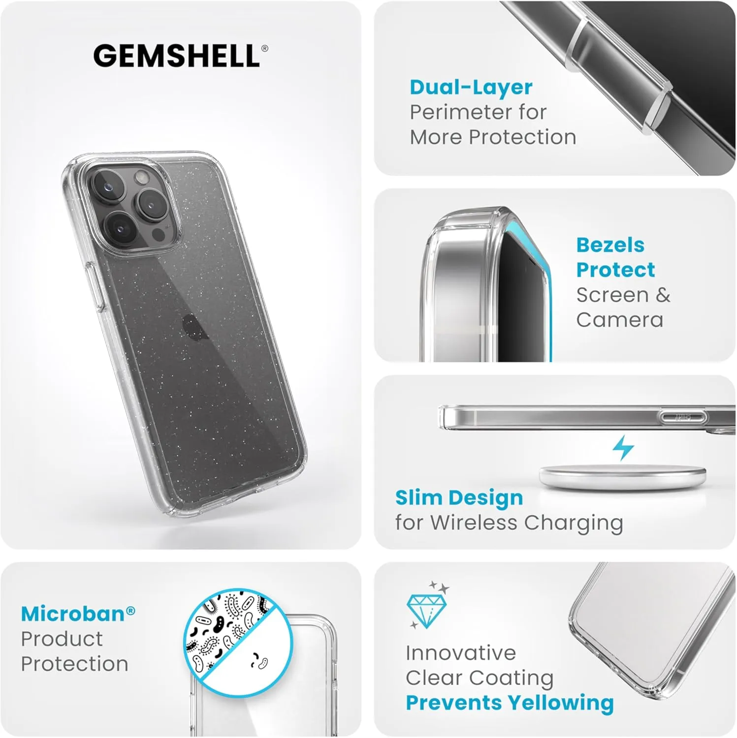 Speck Clear iPhone 15 Pro Max Case - Slim, Drop Protection - Scratch Resistant, Anti-Yellowing, 6.7 Inch Phone Case - GemShell Clear/Platinum Glitter