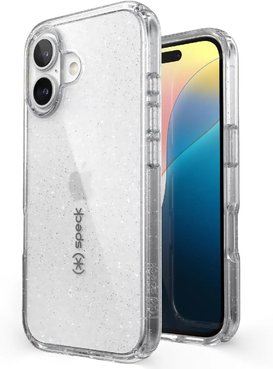 Speck Clear iPhone 16 Case - Slim GemShell Phone Case - Clear/Platinum Glitter