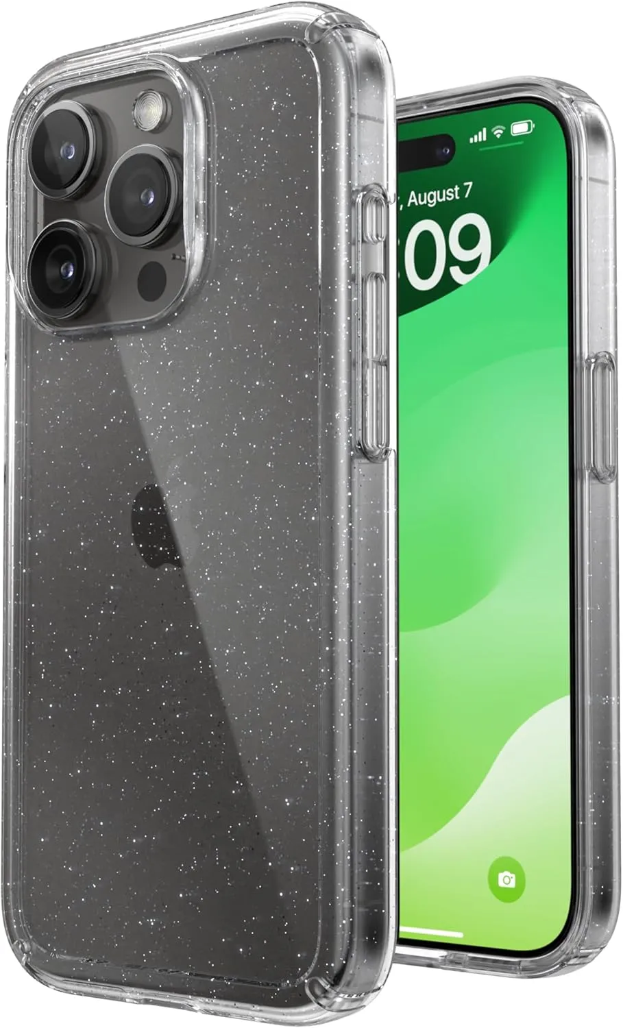 Speck MagSafe Case for iPhone 15 Pro - Drop & Camera Protection, Clear Phone Case, Wireless Charging Compatible, Fits All 6.1 Inch Models - Clear/Platinum Glitter