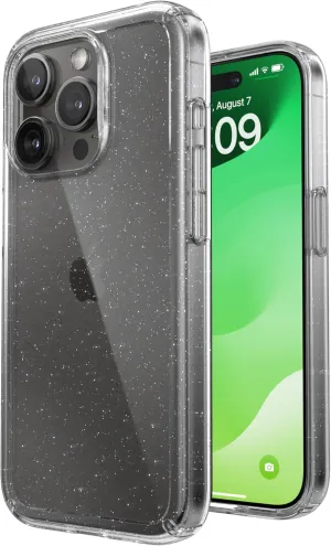 Speck MagSafe Case for iPhone 15 Pro - Drop & Camera Protection, Clear Phone Case, Wireless Charging Compatible, Fits All 6.1 Inch Models - Clear/Platinum Glitter