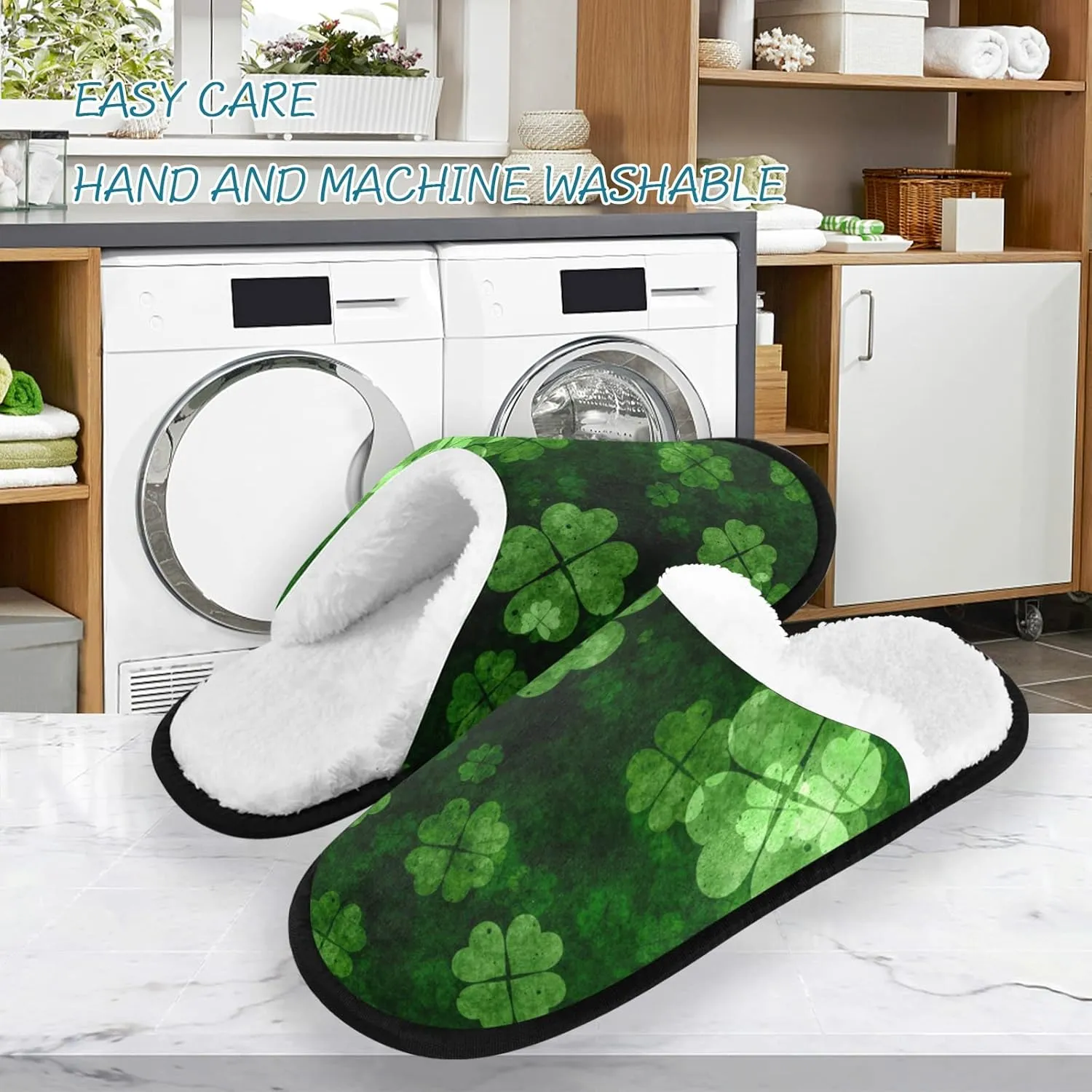 St Patricks Day Shamrocks Slippers, Soft Memory Foam Non-Slip Indoor House Slippers Home Shoes for Bedroom Hotel Travel Spa