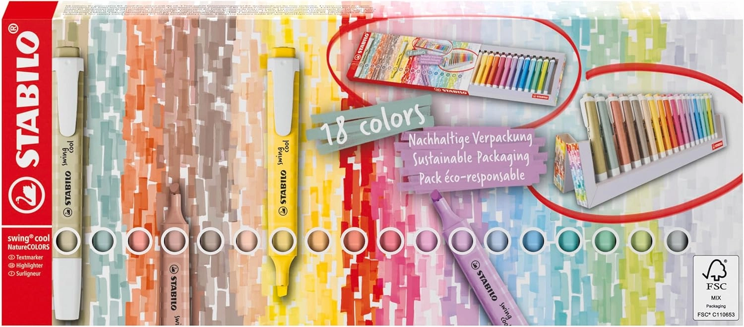 STABILO swing cool NatureCOLORS - Highlighter - Deskset of 18 - with 10 Pastel Colours and 8 NatureCOLORS