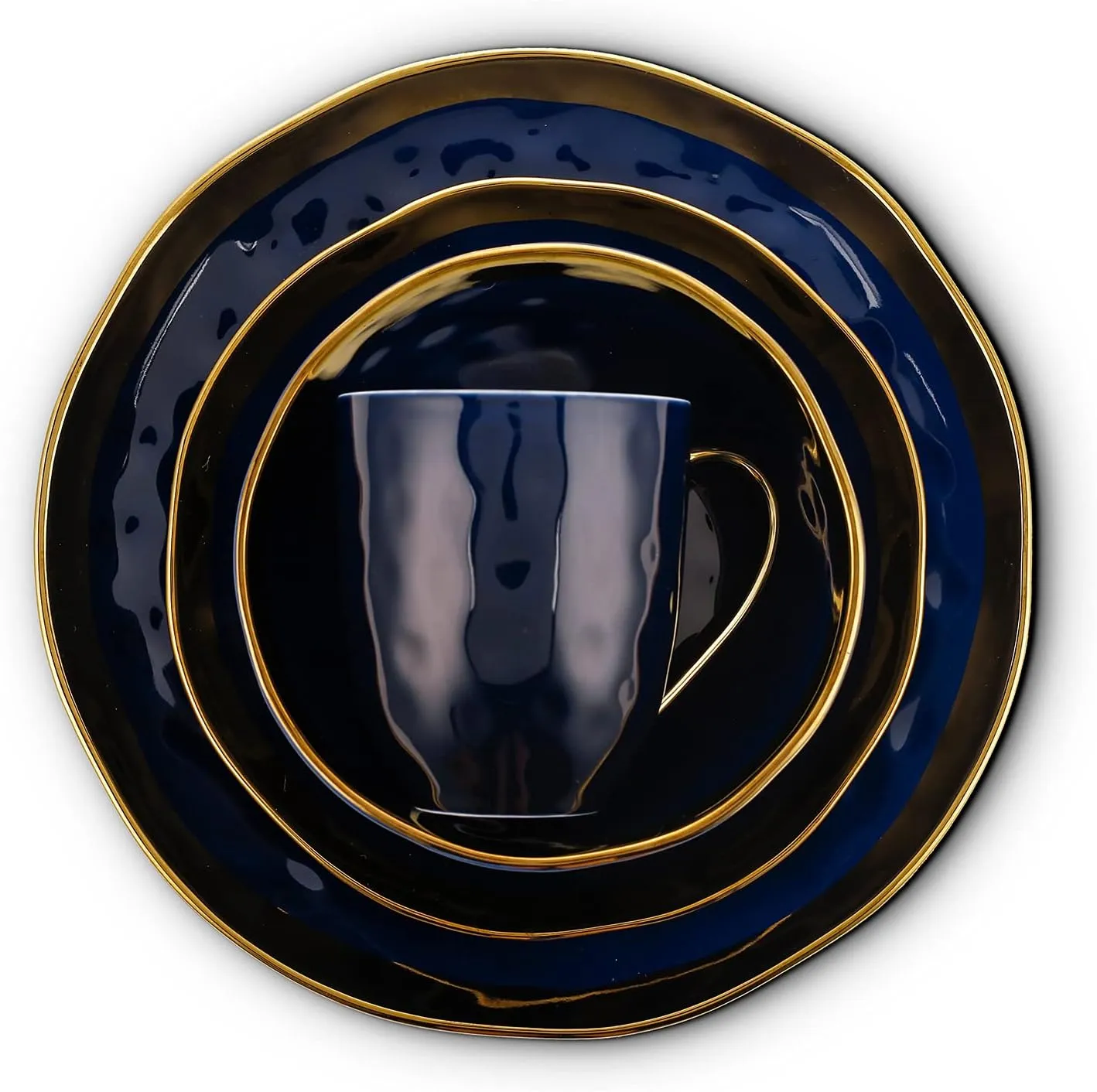 Stone Lain Porcelain 16 Piece Dinnerware Set, Service for 4, Blue and Golden Rim, Dark Blue
