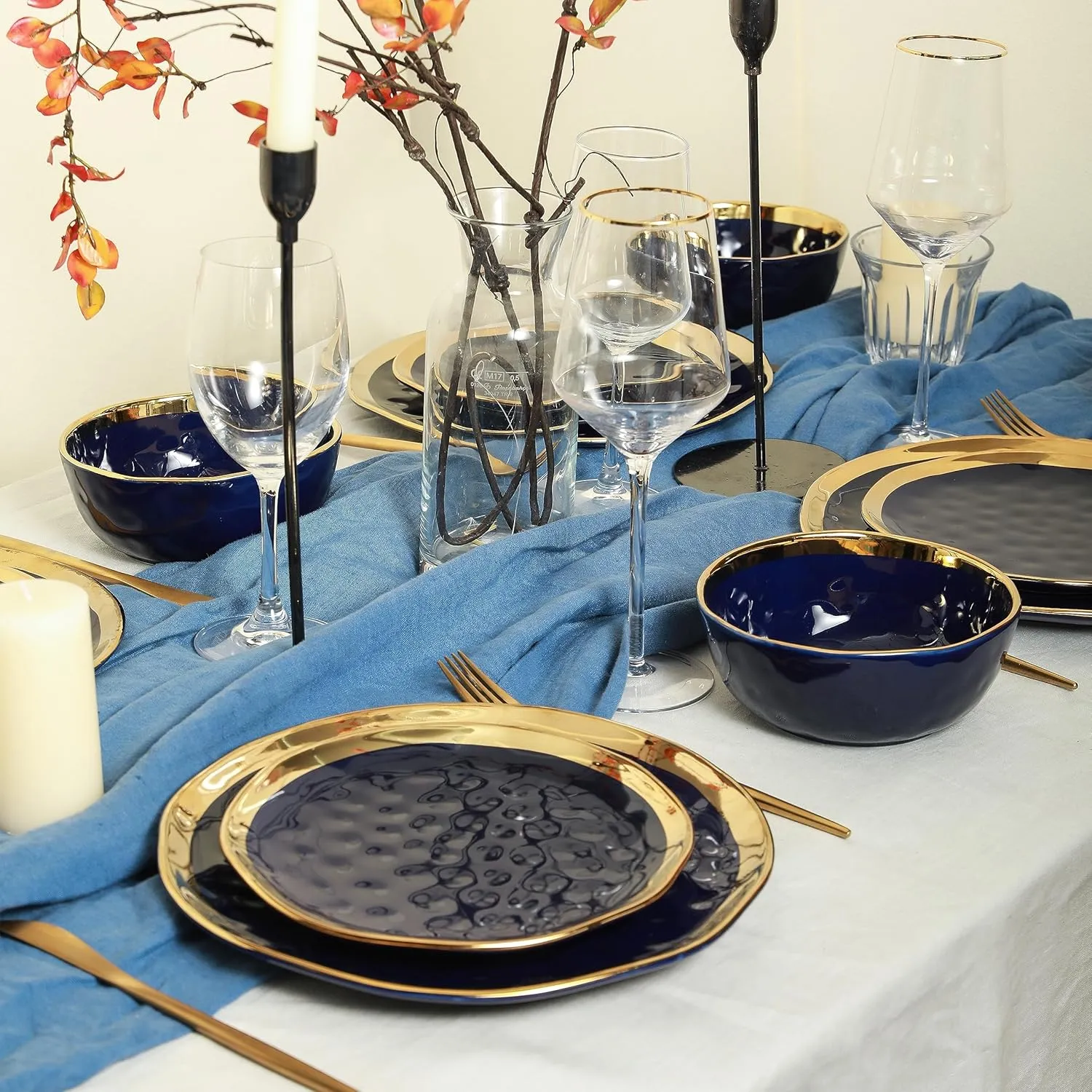 Stone Lain Porcelain 16 Piece Dinnerware Set, Service for 4, Blue and Golden Rim, Dark Blue
