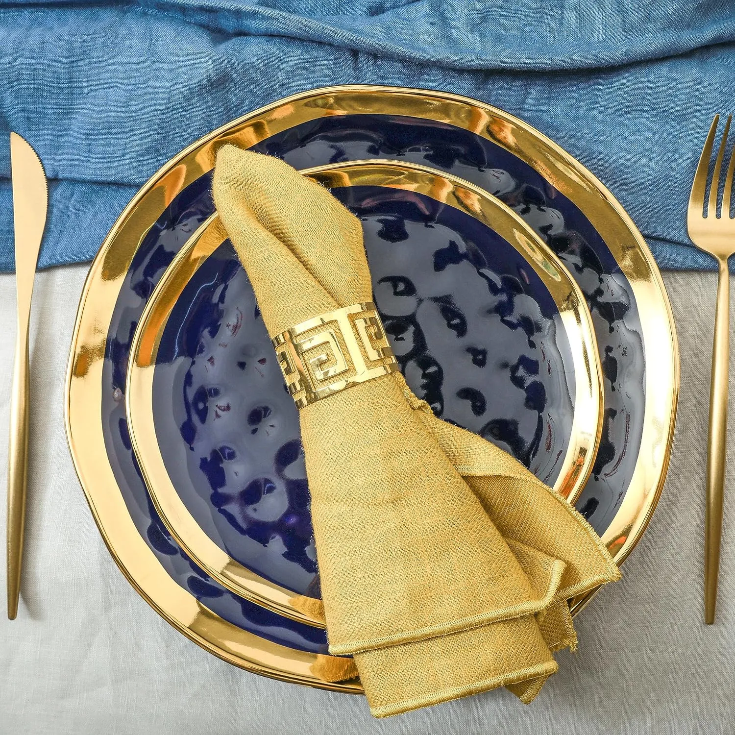 Stone Lain Porcelain 16 Piece Dinnerware Set, Service for 4, Blue and Golden Rim, Dark Blue
