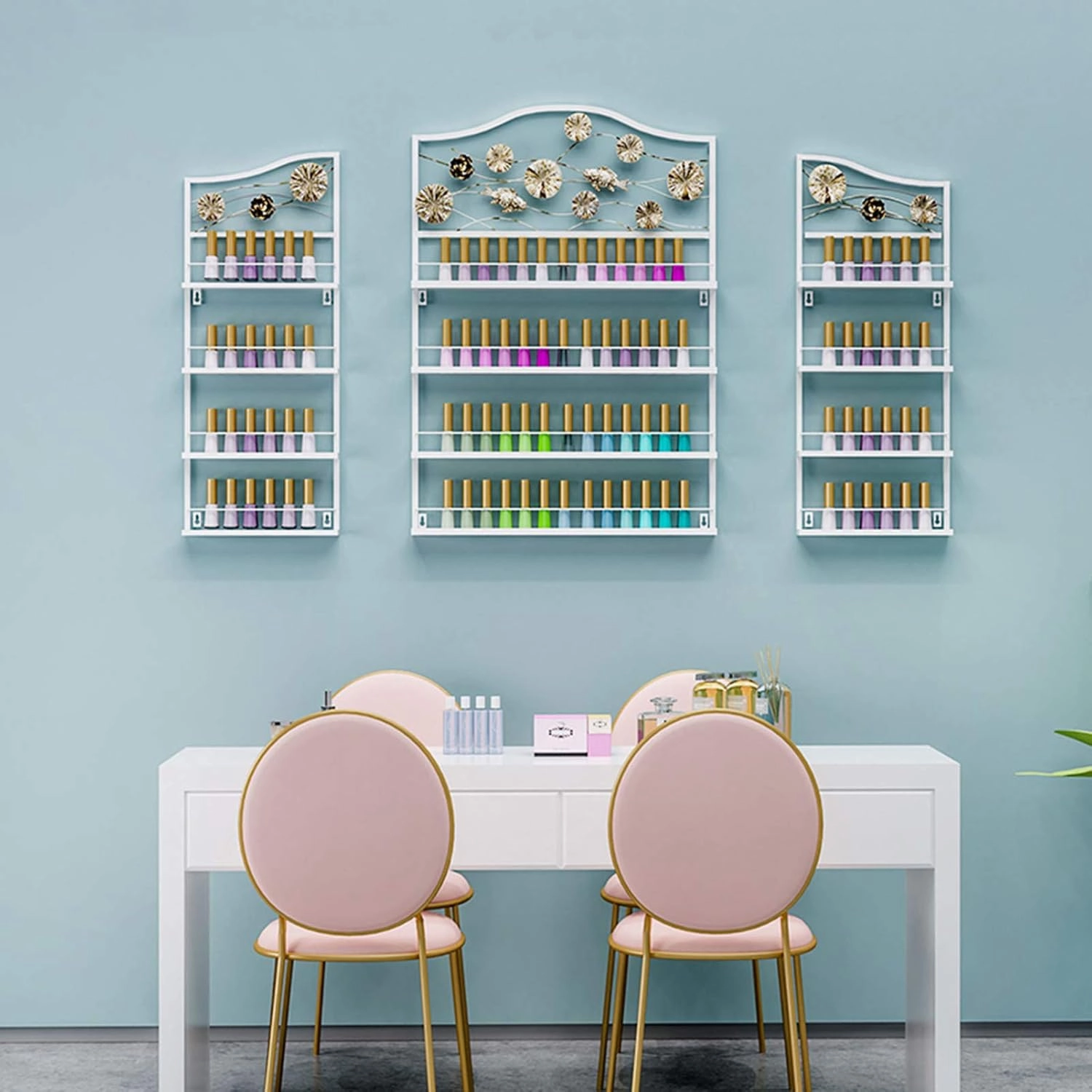 Storage Rack. Wall-Mounted Essential Oil and Nail Polish, 4-Layer Salon Metal Nail Polish Display Stand, Makeup/Perfume/Essential Oil/Lipstick Storage Organizer, for Home Business Nail Shop/G (White