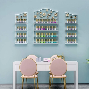 Storage Rack. Wall-Mounted Essential Oil and Nail Polish, 4-Layer Salon Metal Nail Polish Display Stand, Makeup/Perfume/Essential Oil/Lipstick Storage Organizer, for Home Business Nail Shop/G (White