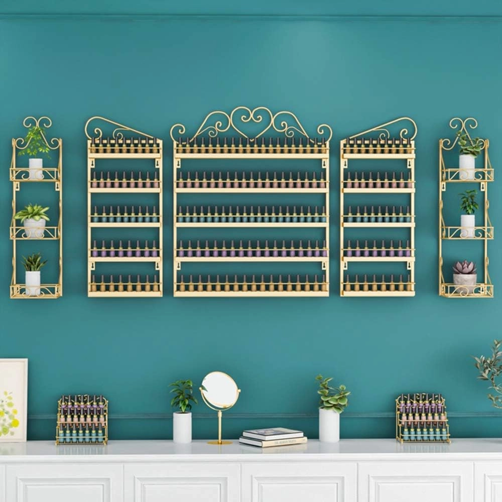 Storage Rack. Wall-Mounted Nail Polish Stand Storage Box, Retail Store Metal Nail Polish Storage Display Rack Display Rack Lipstick Perfume, Suitable for Nail Shop/Salon/Cosmetic/White/4 Piec (Gold