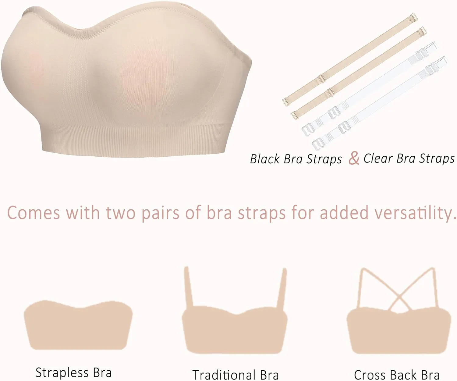Strapless Bras for Women-Push-Up Non-Slip Bandeau Bra,Seamless Wirefree Padded Tube Top Convertible Straps