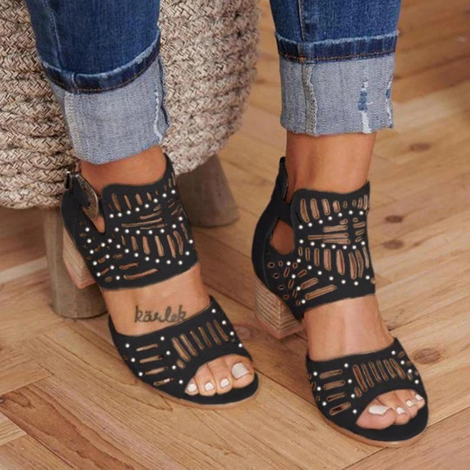 SuanlaTDS High Heels Pumps for Women, Women's Gladiator Block Heel Sandal Summer Fashion Hollow Open Toe Heeled Sandal Buckle Strap Zip Back Comfort Dress Retro Roman Shoes