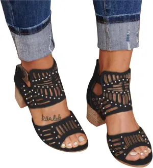 SuanlaTDS High Heels Pumps for Women, Women's Gladiator Block Heel Sandal Summer Fashion Hollow Open Toe Heeled Sandal Buckle Strap Zip Back Comfort Dress Retro Roman Shoes