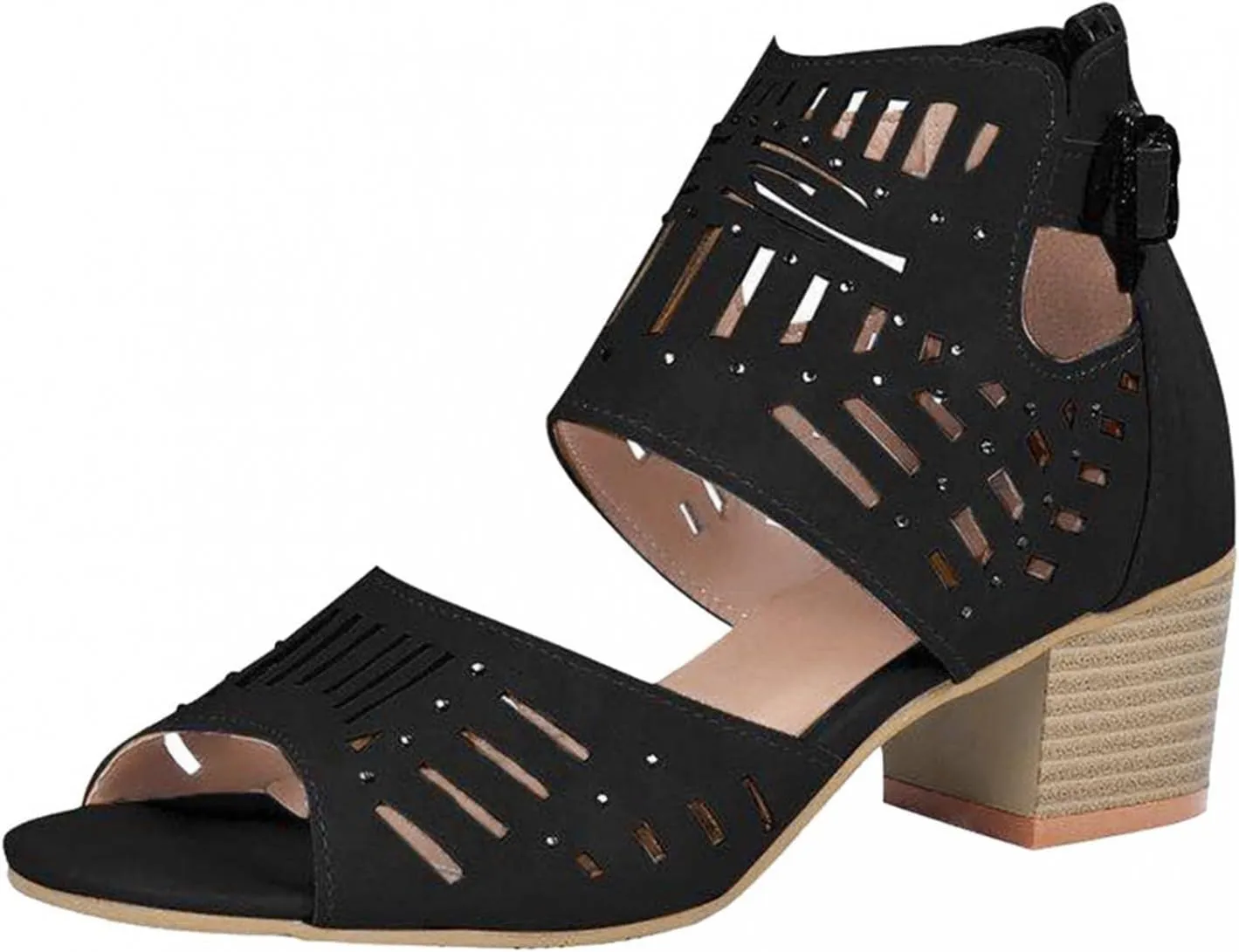 SuanlaTDS High Heels Pumps for Women, Women's Gladiator Block Heel Sandal Summer Fashion Hollow Open Toe Heeled Sandal Buckle Strap Zip Back Comfort Dress Retro Roman Shoes